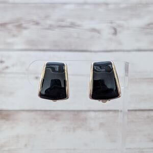 Vintage Clip On Earrings Stylish Statement Chunky Black with Gold Tone